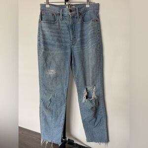 Madewell Mom Jeans Light Blue Distressed‎ Straight Frayed Jeans Size 28
